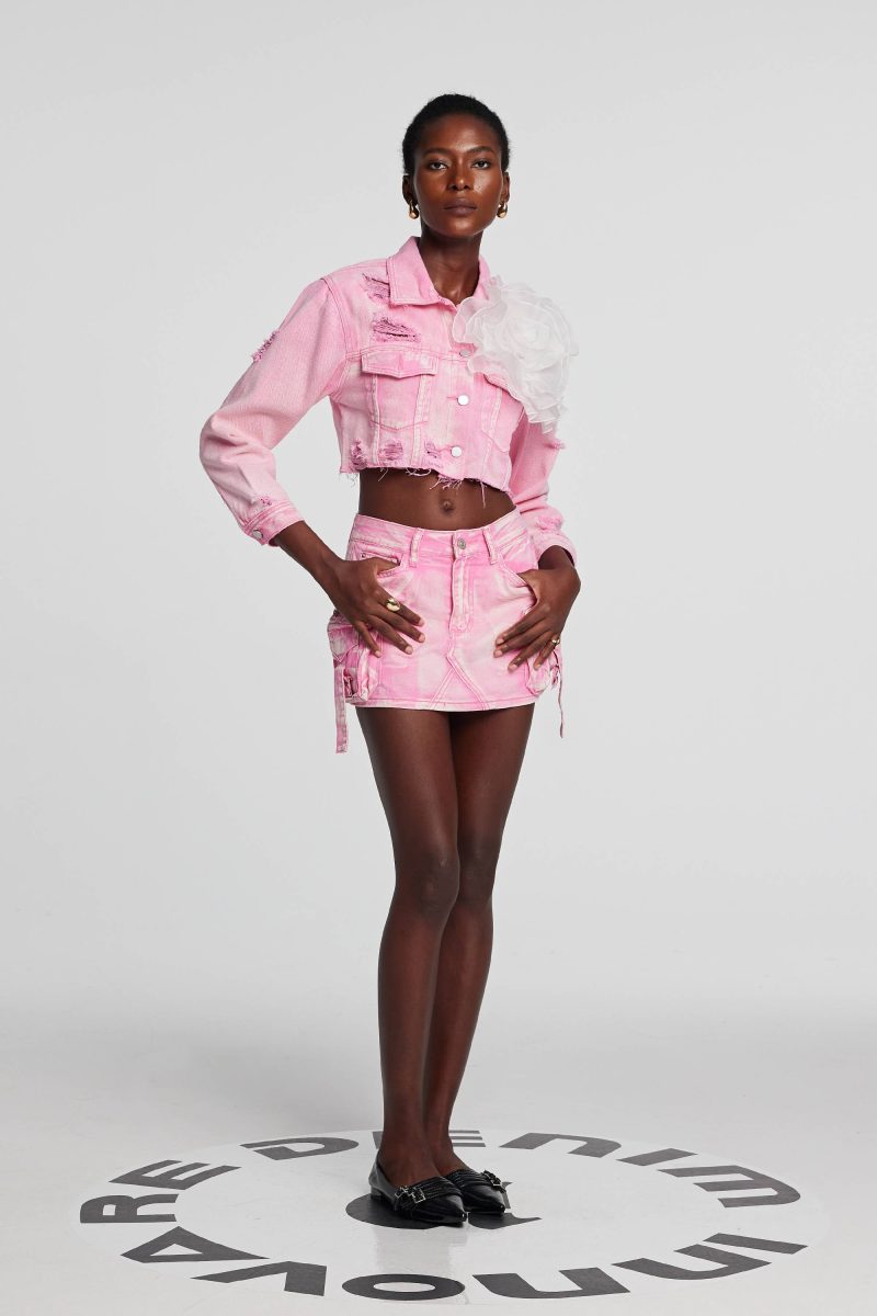 Johanna Torn Flower Denim Jacket In Pink 7