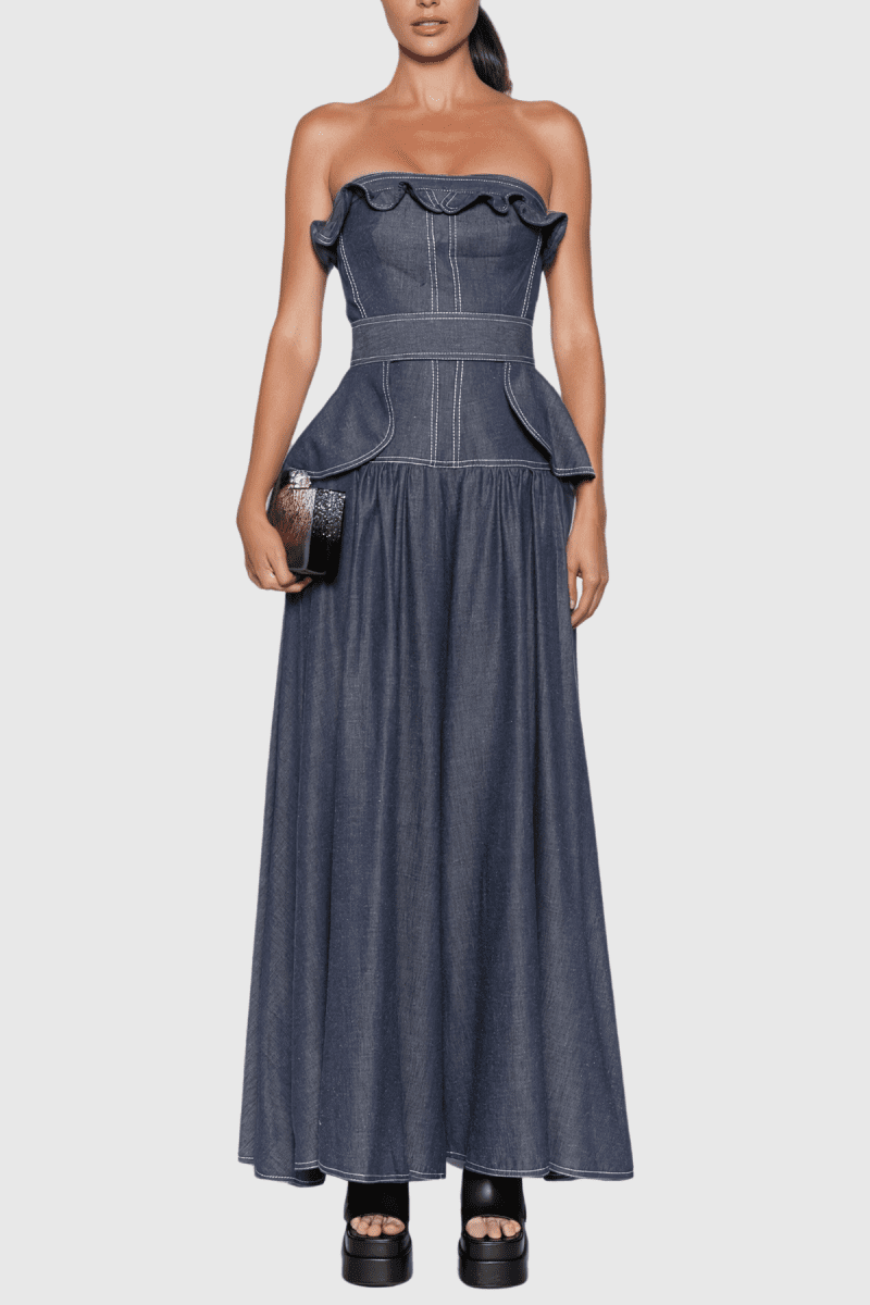 Kashvi Ruffle Strapless Denim Maxi Dress 3ae93fca 0ee9 4578 beca 6b3c0f089197