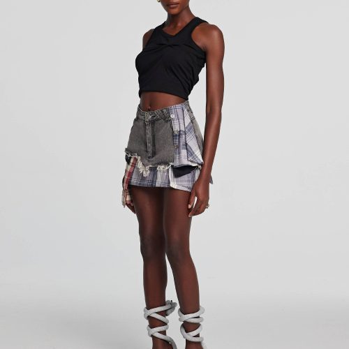 Kenna Grid Deconstruct Patchwork Mini Skirt In Black 1