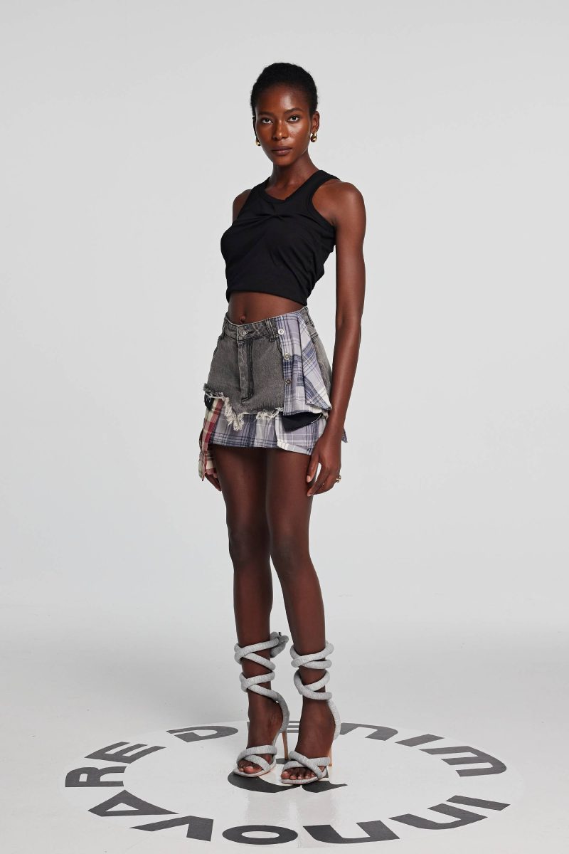 Kenna Grid Deconstruct Patchwork Mini Skirt In Black 1