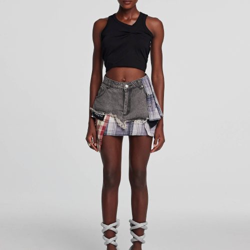 Kenna Grid Deconstruct Patchwork Mini Skirt In Black 5