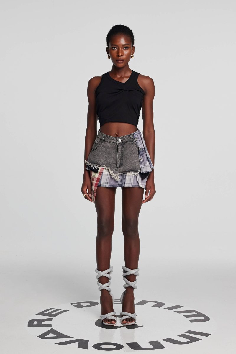 Kenna Grid Deconstruct Patchwork Mini Skirt In Black 5