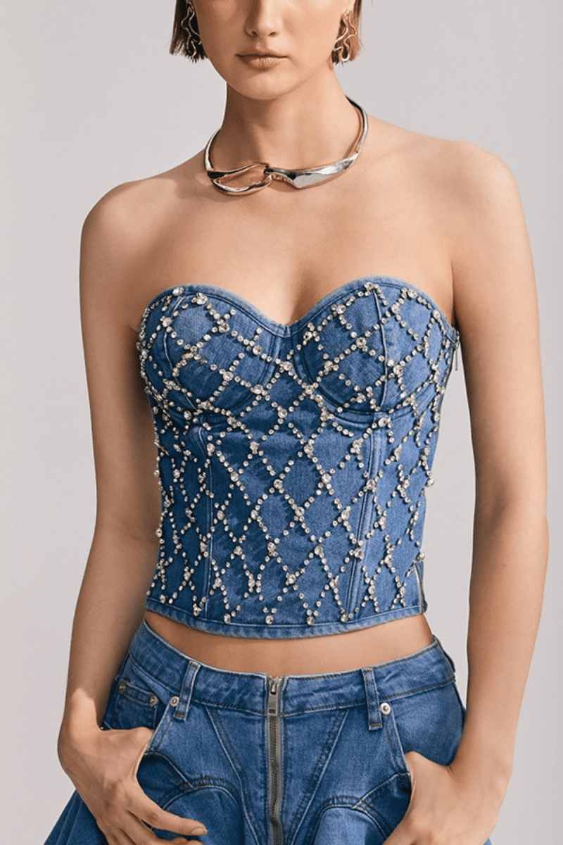 Livia Fake Diamonds Embellished Strapless Denim Top