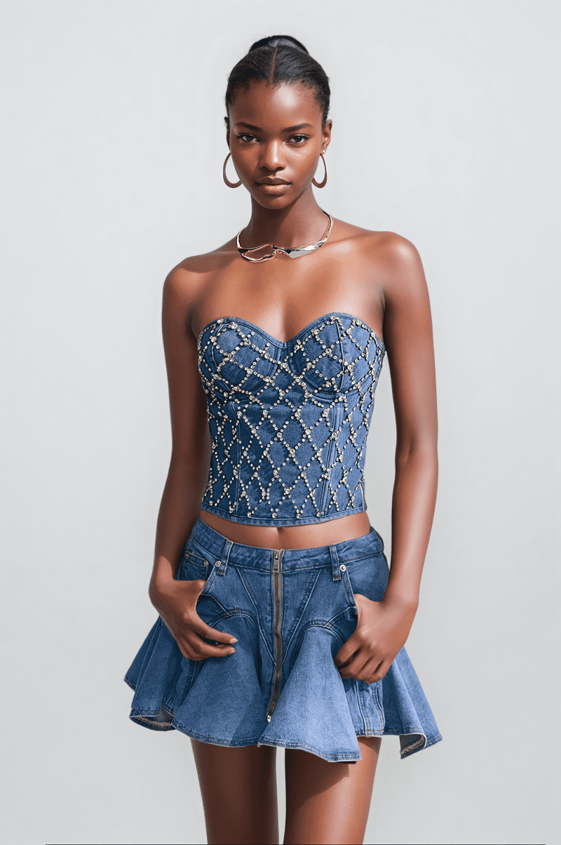 Livia Fake Diamonds Embellished Strapless Denim Top 1