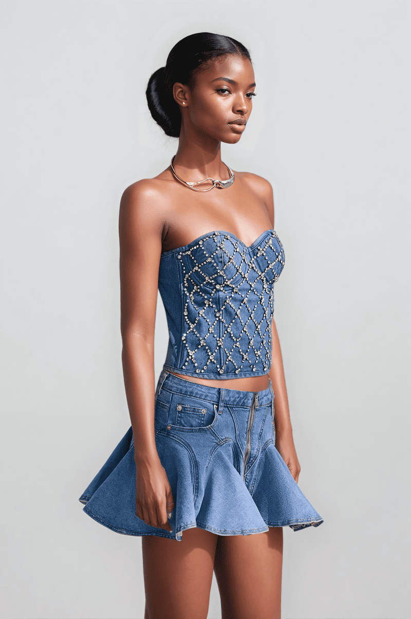 Livia Fake Diamonds Embellished Strapless Denim Top 2