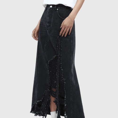 Melany Fringe High Split Denim Maxi Skirt 4