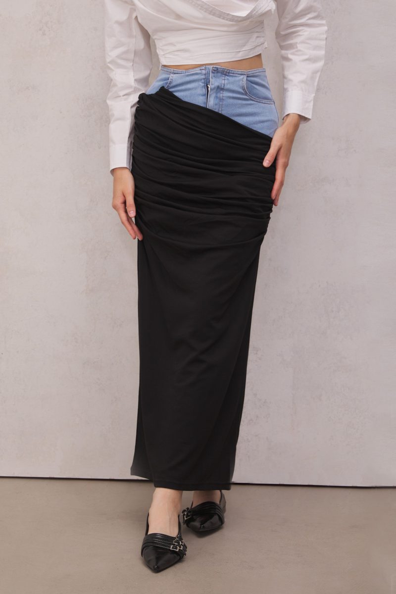 Melody Draped Patchwork Denim Skirt 1