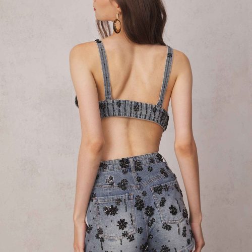 Pablo Rhinestone Backless Denim Top