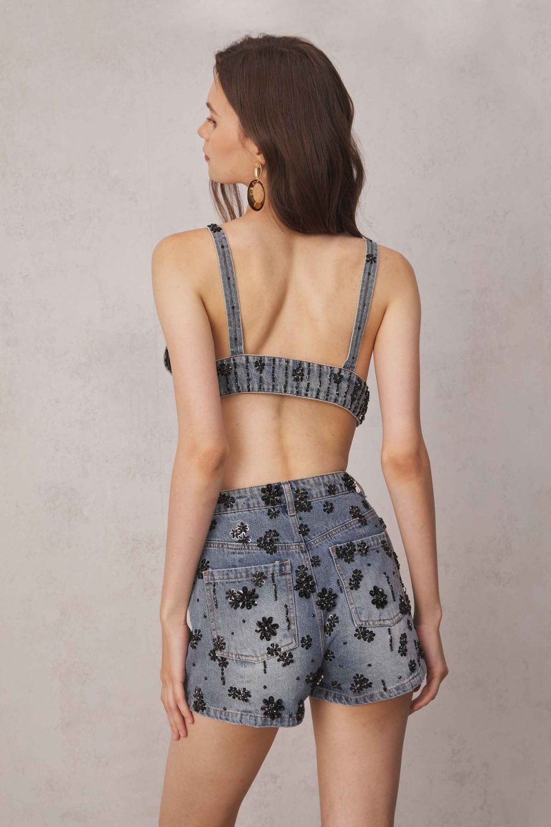 Pablo Rhinestone Backless Denim Top