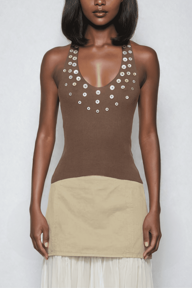 Pihu Sequin Halter Neck Backless Top In Brown