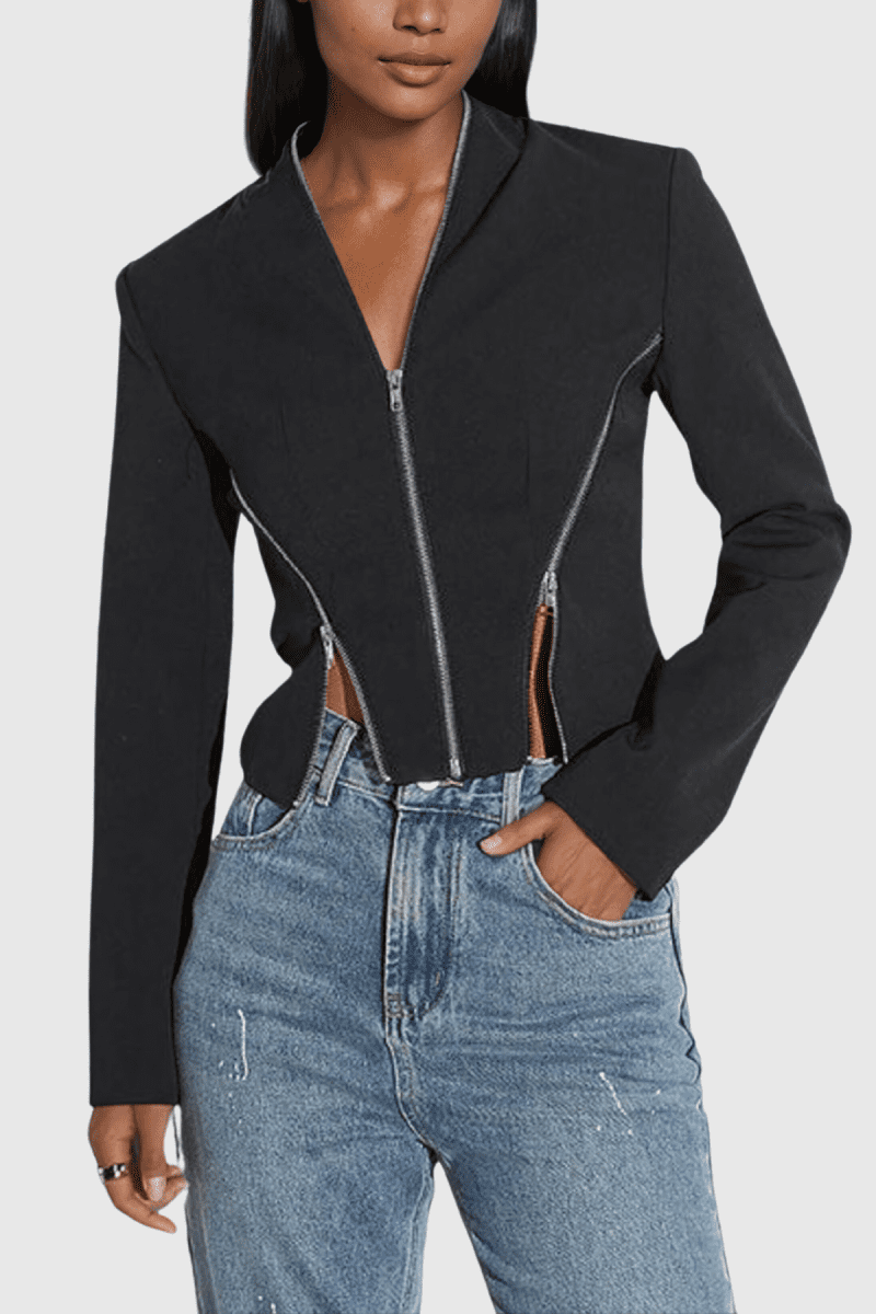 Prisha Zipper V Neck Short Jacket In Black