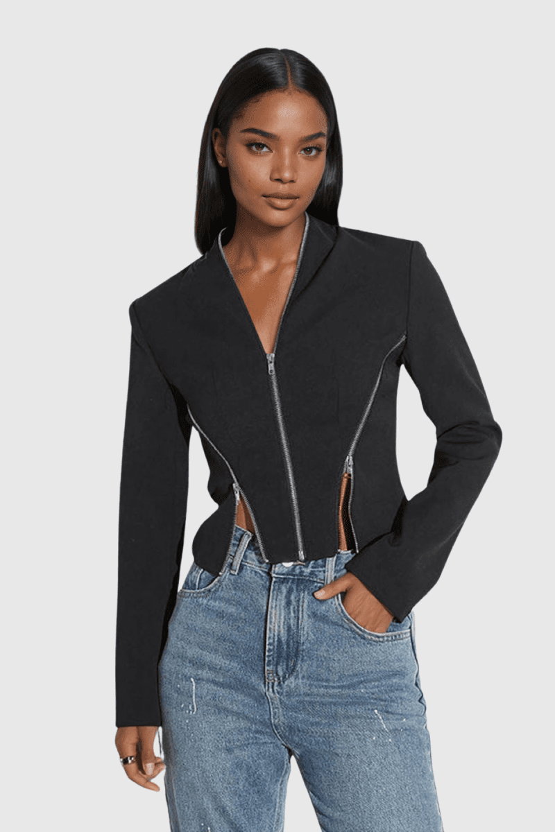 Prisha Zipper V Neck Short Jacket In Black 1