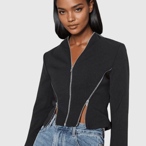 Prisha Zipper V Neck Short Jacket In Black 3