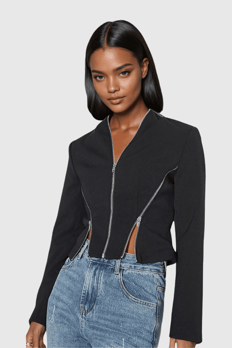 Prisha Zipper V Neck Short Jacket In Black 3