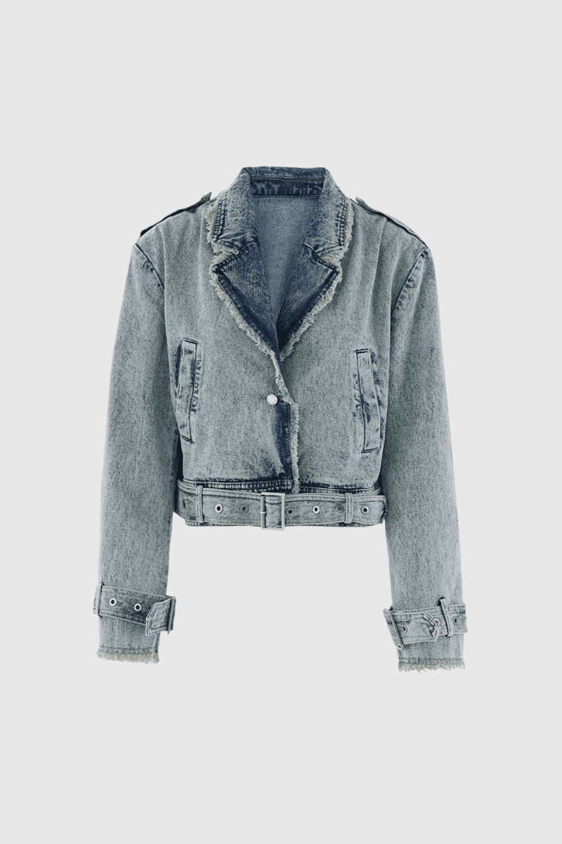 RiddhiLapelFringeBuckleDenimShortJacket 1