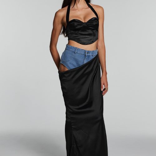 Ronny Denim Patchwork Hollow Maxi Skirt 3