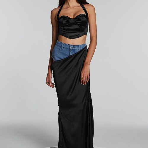 Ronny Denim Patchwork Hollow Maxi Skirt 6