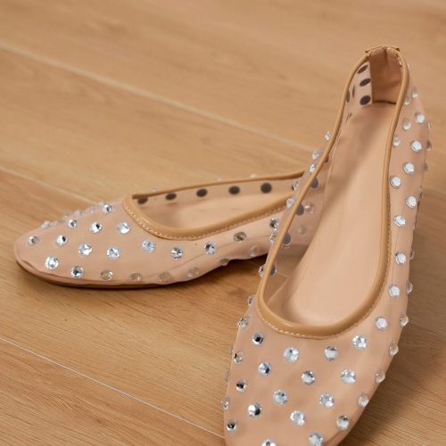 Rosa Rhinestone Embellished Mesh Flats In Apricot