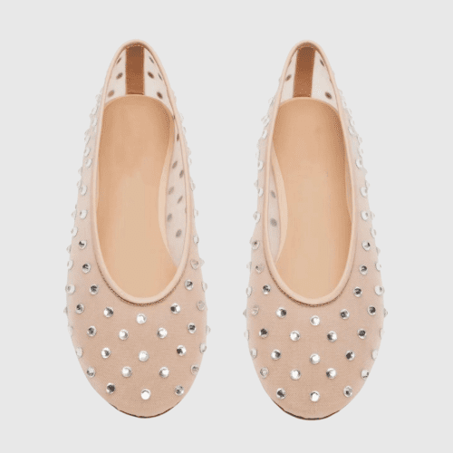 Rosa Rhinestone Embellished Mesh Flats In Apricot 1