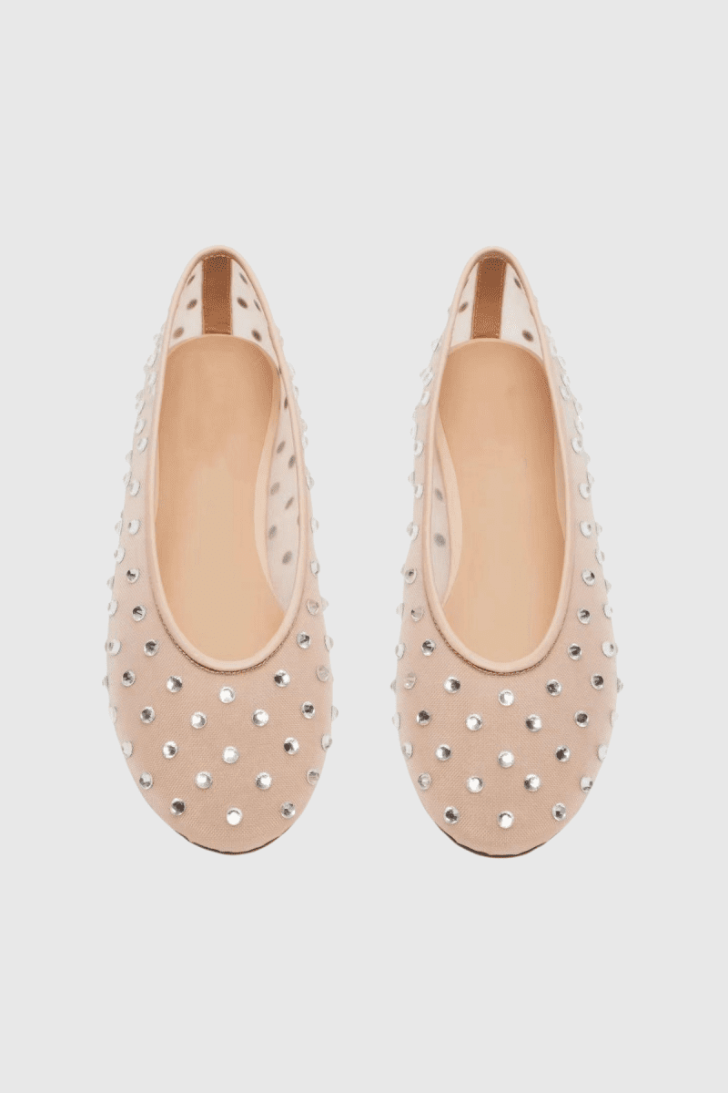 Rosa Rhinestone Embellished Mesh Flats In Apricot 1