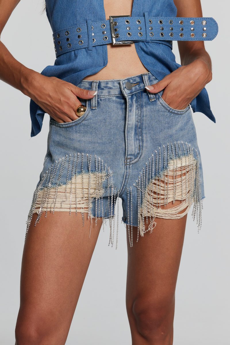 Zendaya Torn Rhinestone Fringe Short Jeans 4