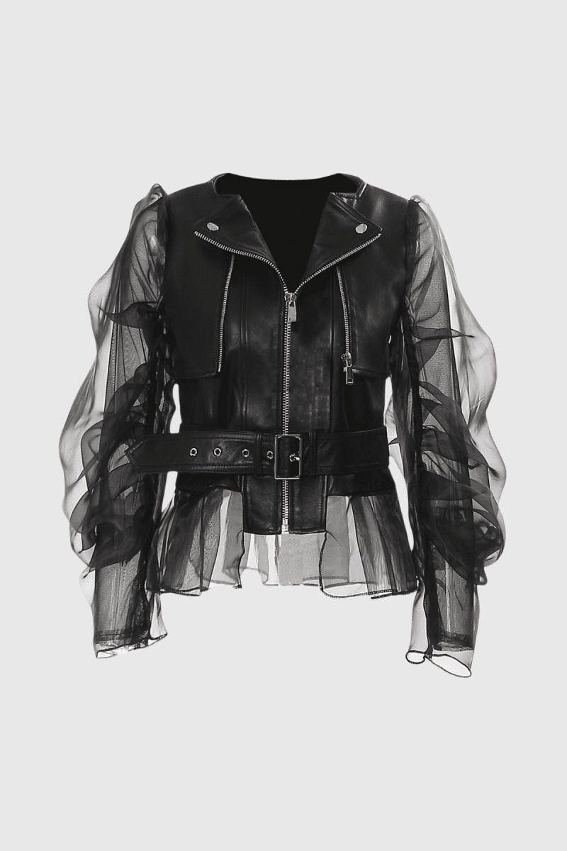 ZiyaMeshPatchworkBuckleLeatherJacket 4